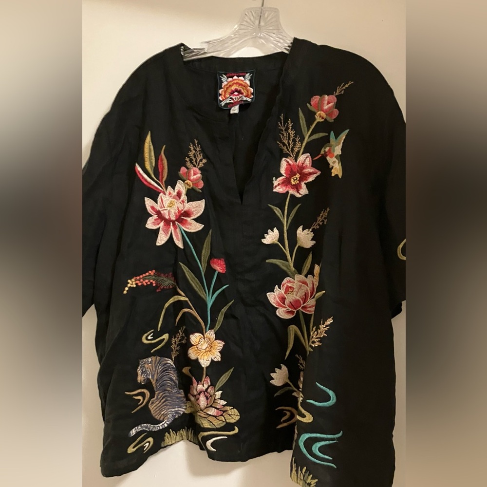 Johnny Was Black Linen Embroidered Top